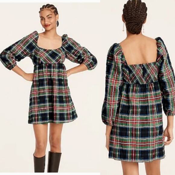J. Crew | Tartan Plaid Puff Sleeve Mini Dress Size 10 New with Tag - Picture 1 of 11